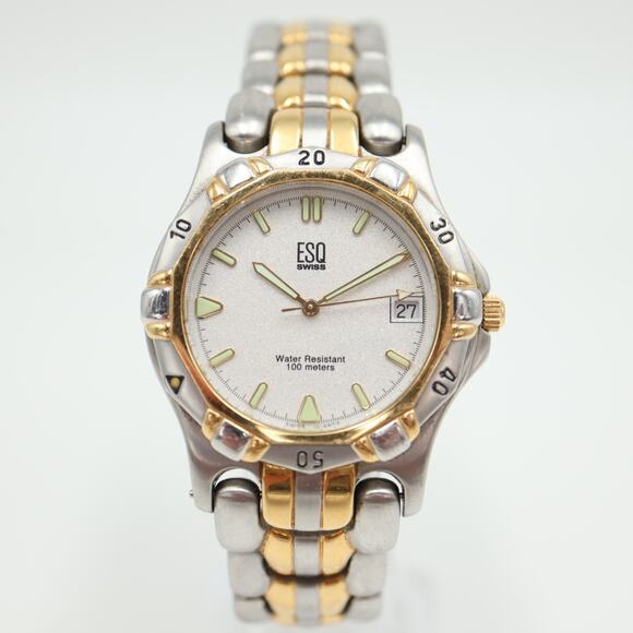 ESQ Swiss Watch Men 36mm Two Tone Date Glitter Dial Stainless Steel New Battery - Picture 4 of 16